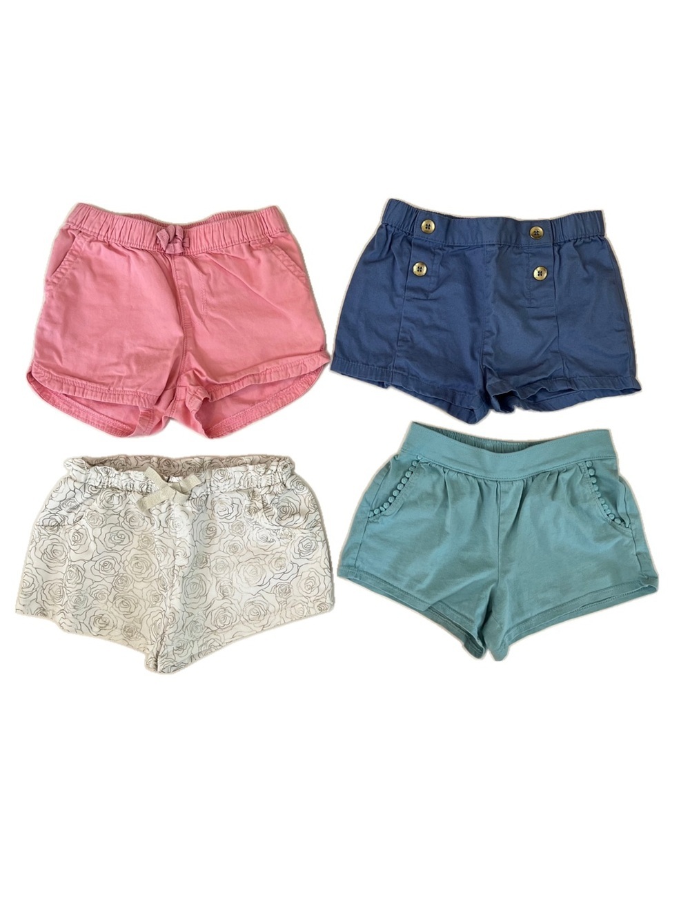 Girls 4-Pack Shorts Bundle  — Pink, Navy, Teal, White Rose Print | 3T
